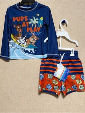Nickelodeon Paw Patrol Boys 2-Piece Rash Guard Swim Trunks Set Blue Orange 3T